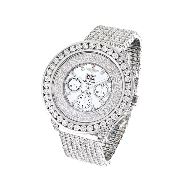 Bust Down Breitling Bentley 1884 Men's Diamond Gold Watch 42.45ct White MOP