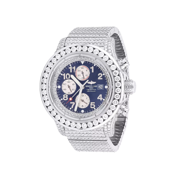 48mm Iced Out Diamond Breitling Super Avenger Watch For Men Blue MOP 24.85c