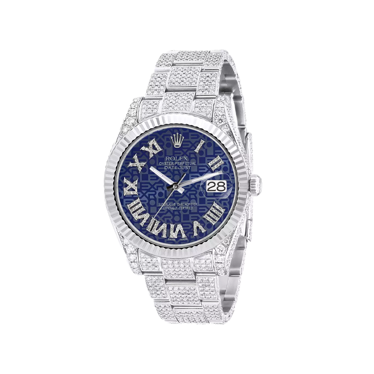 Diamond Iced Out Watch Rolex Datejust 41mm Blue Print Roman Dial