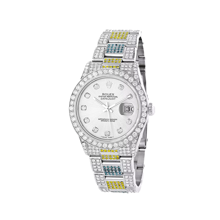 White Blue Yellow Diamond Rolex Datejust Men's Watch 10.3ct