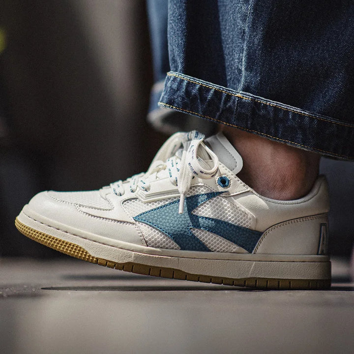 Men’s Vintage Mesh Sneakers – White Color-Block Lace-Ups