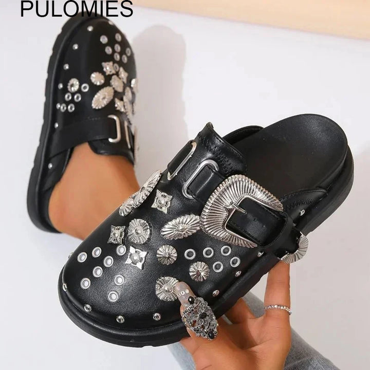Women’s Punk Platform Leather Mules – Rivet Slip-On Slides