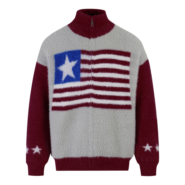Omirad Flag Pattern Fuzzy Half-Zip Sweater