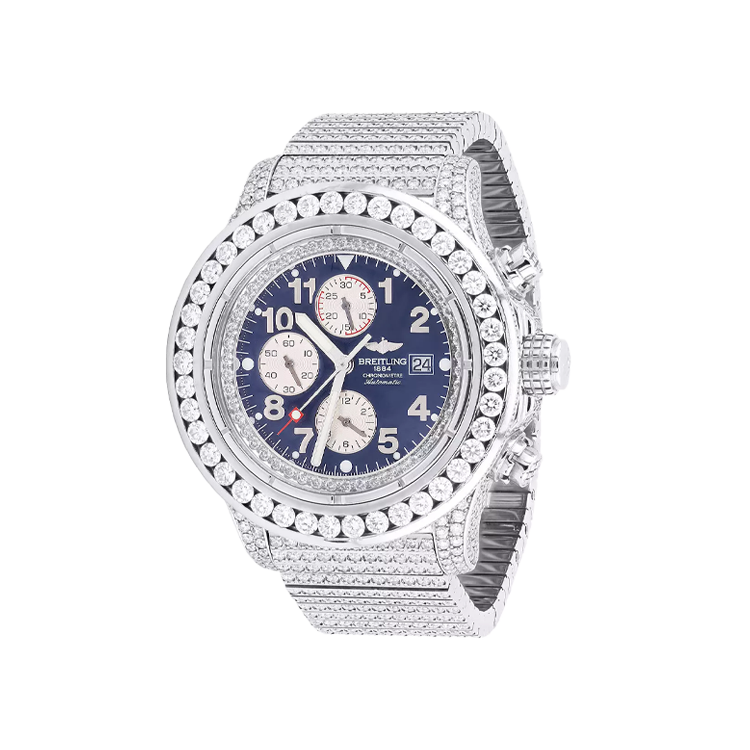 48mm Iced Out Diamond Breitling Super Avenger Watch For Men Blue MOP 24.85c