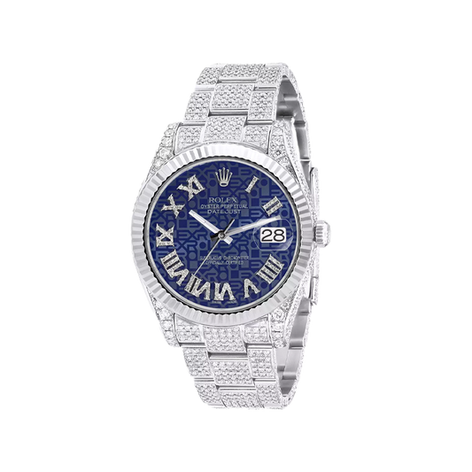 Diamond Iced Out Watch Rolex Datejust 41mm Blue Print Roman Dial