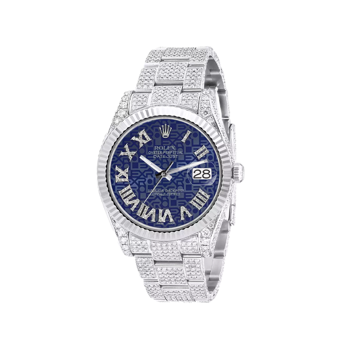 Diamond Iced Out Watch Rolex Datejust 41mm Blue Print Roman Dial