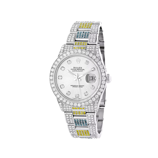 White Blue Yellow Diamond Rolex Datejust Men's Watch 10.3ct