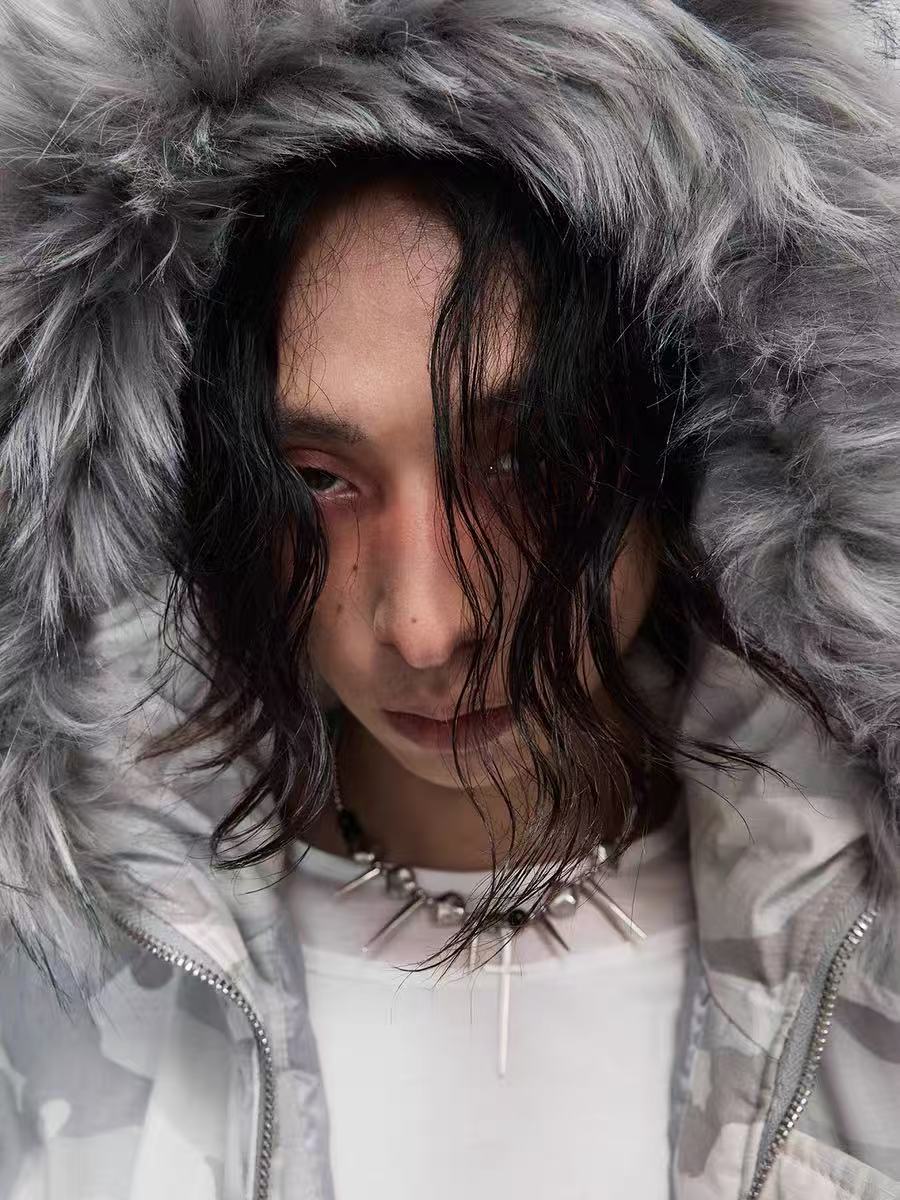 Omirad White Camo Faux Fur Hooded Padded Jacket