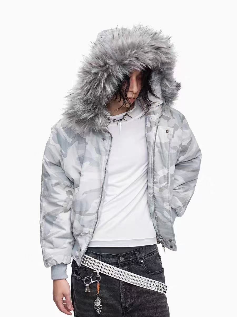 Omirad White Camo Faux Fur Hooded Padded Jacket