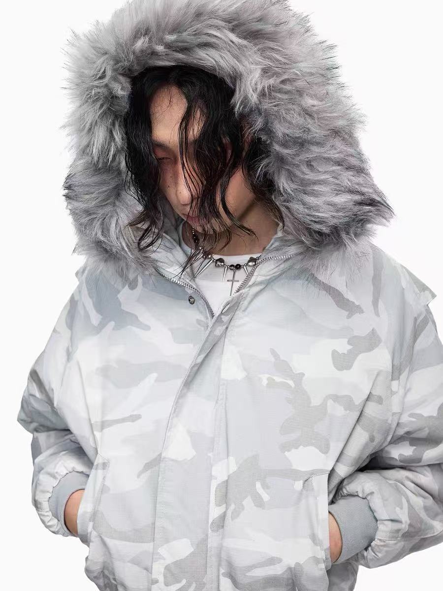 Omirad White Camo Faux Fur Hooded Padded Jacket