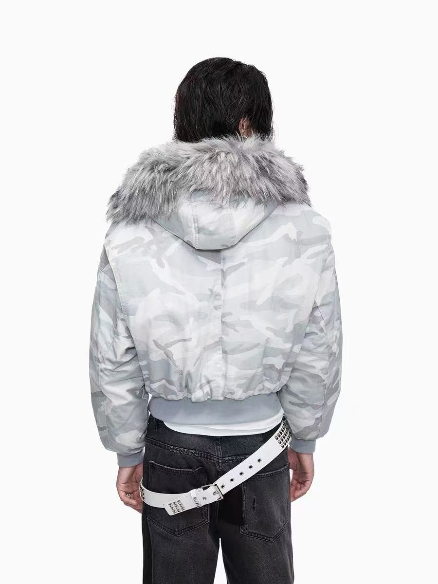 Omirad White Camo Faux Fur Hooded Padded Jacket