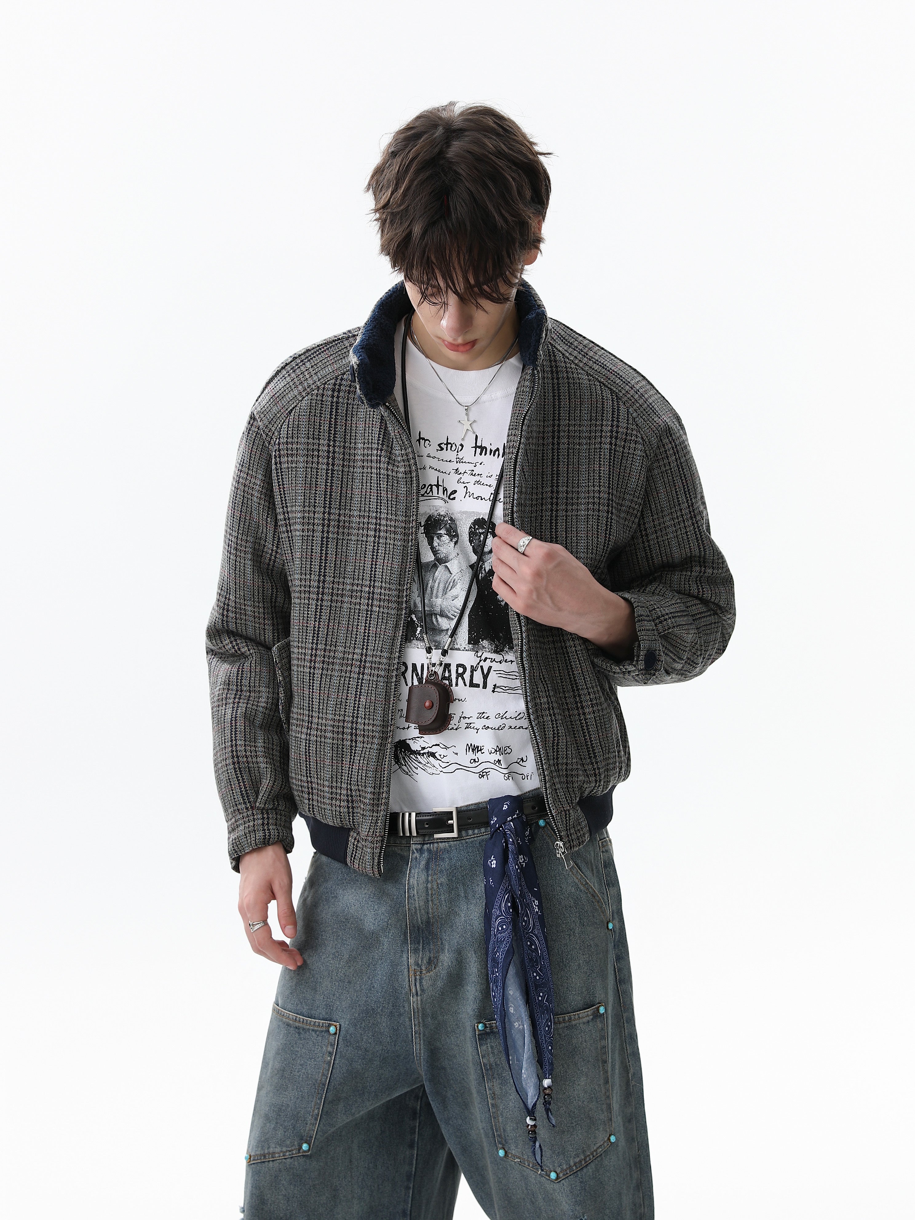 Omirad Vintage Check Wool Blend Bomber Jacket