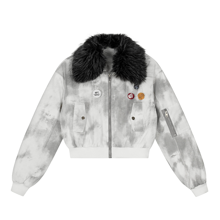 Omirad Tie-Dye Faux Fur Collar Bomber Jacket