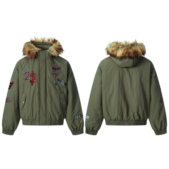 Omirad Varsity Patch Fur Hooded Puffer Jacket