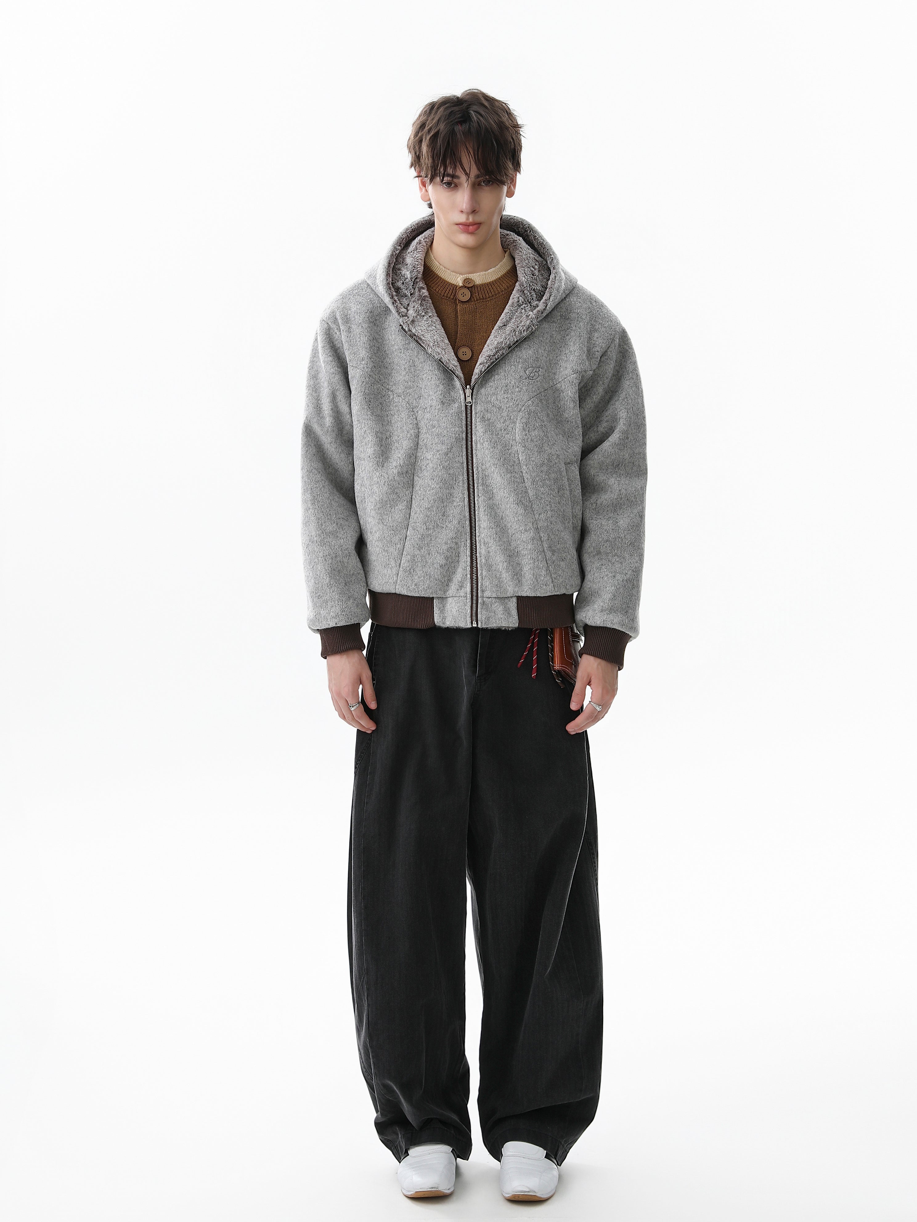 Omirad Wool Blend Fleece Hooded Bomber Jacket