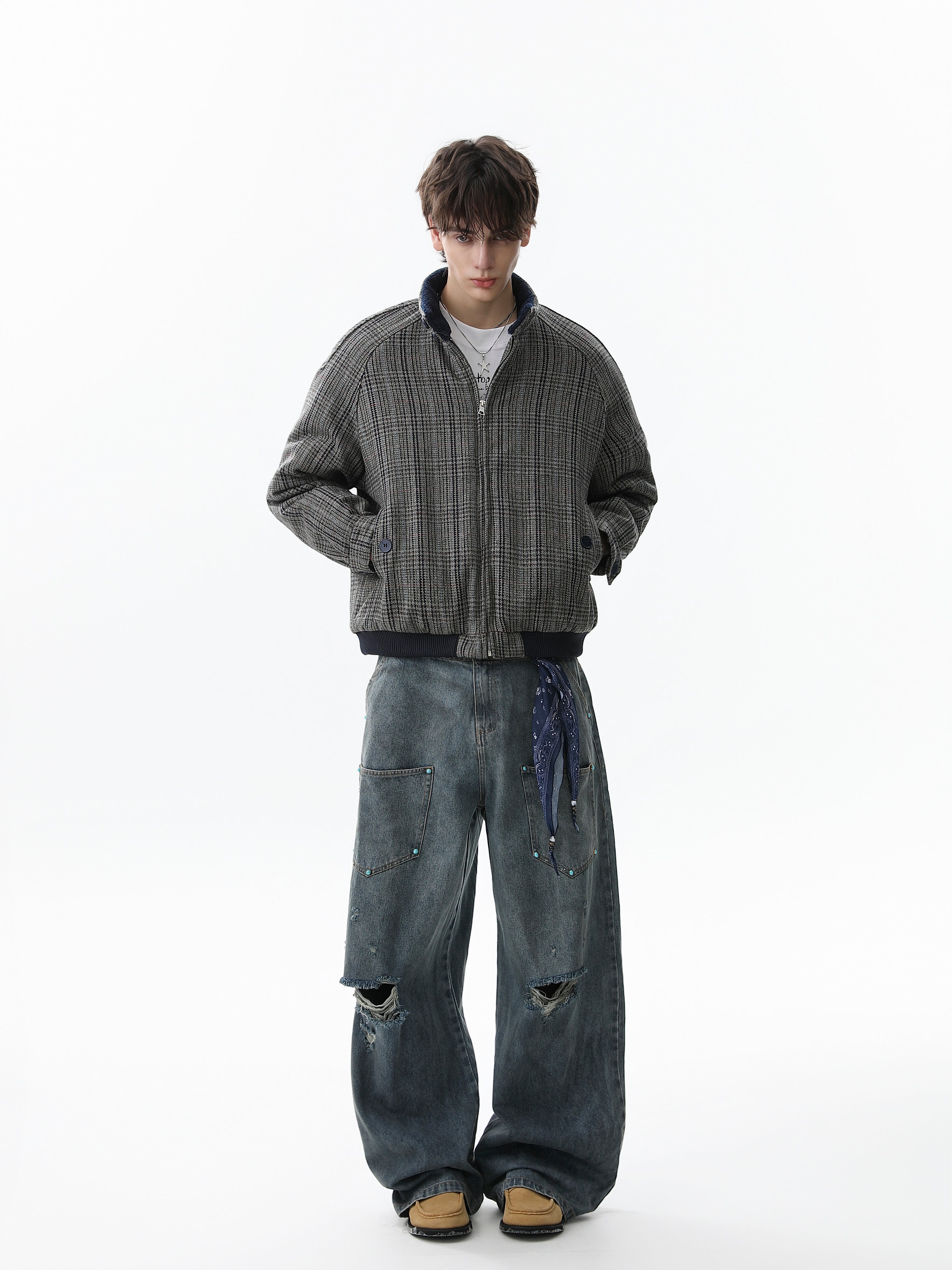 Omirad Vintage Check Wool Blend Bomber Jacket