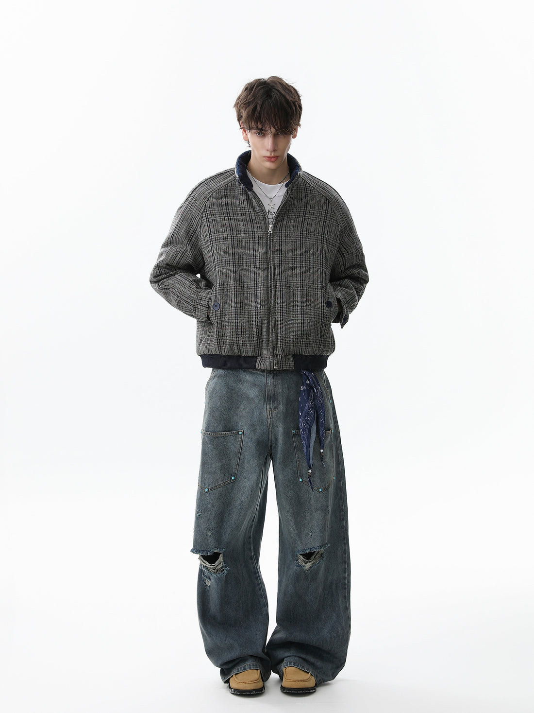 Omirad Vintage Check Wool Blend Bomber Jacket