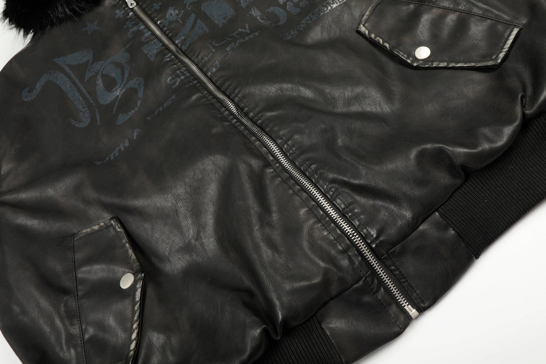 Omirad Vintage Graphic PU Hoodie Jacket