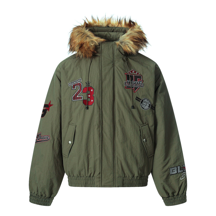 Omirad Varsity Patch Fur Hooded Puffer Jacket