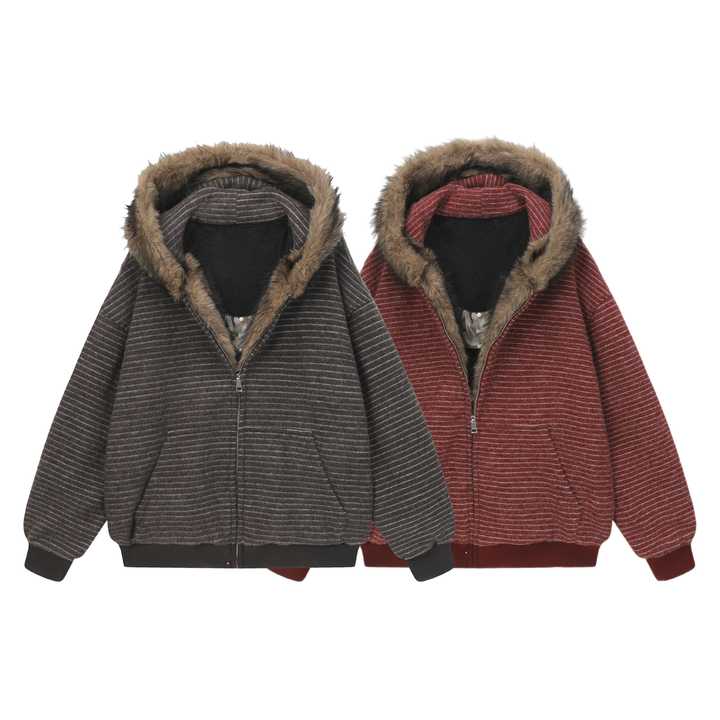 Omirad Striped Faux Fur-Lined Hooded Jacket
