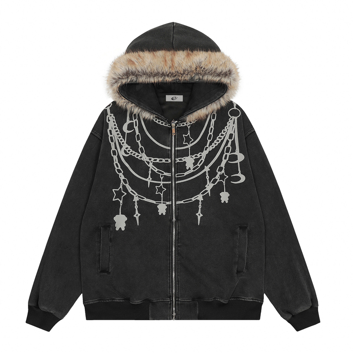 3-6-5.shop Chain Print Faux Fur Hooded Jacket