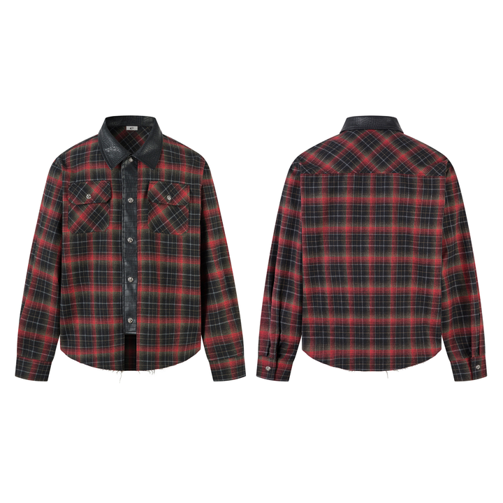 Omirad Plaid Faux-Leather Trim Flannel Shirt Jacket