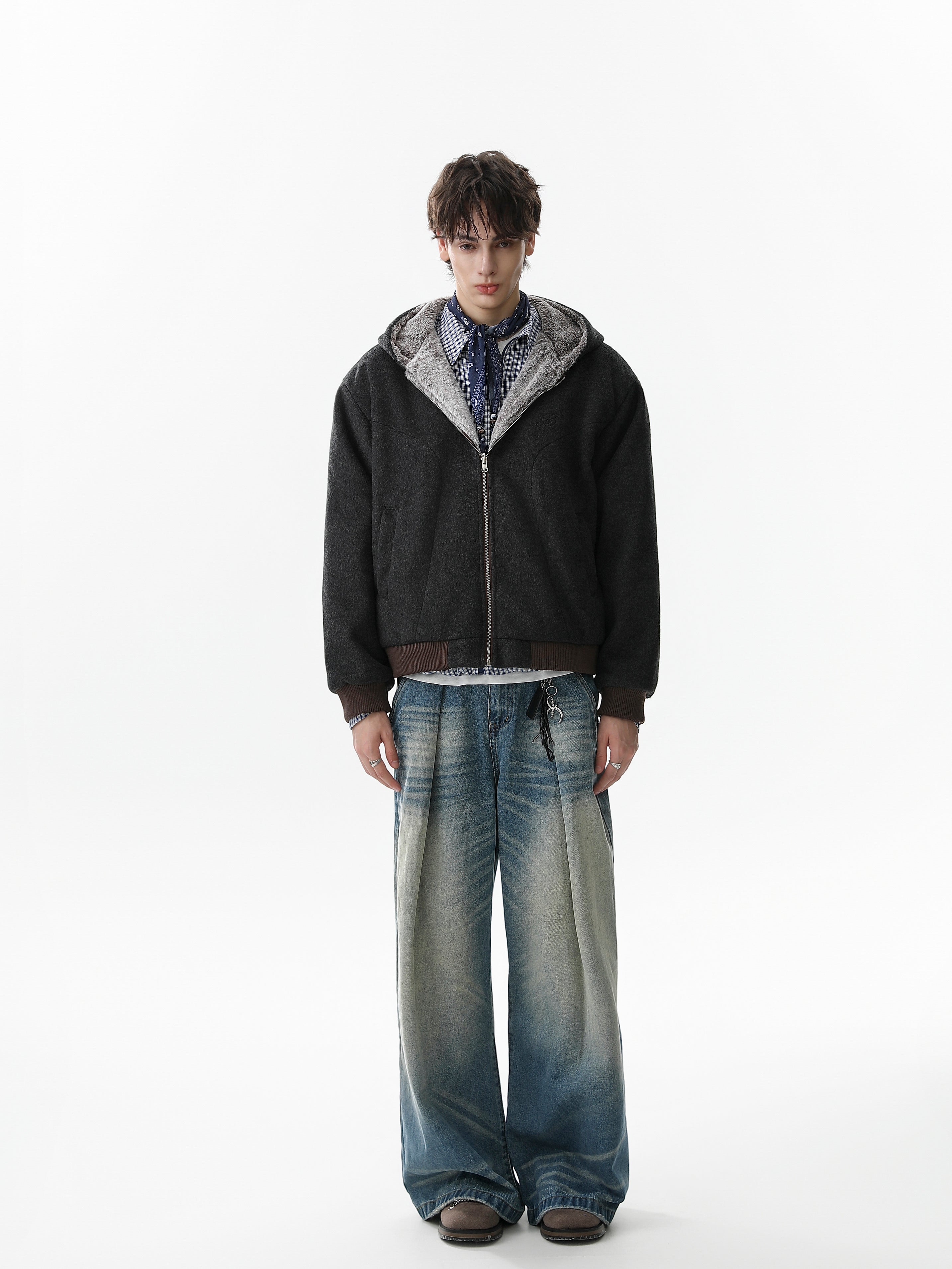 Omirad Wool Blend Fleece Hooded Bomber Jacket