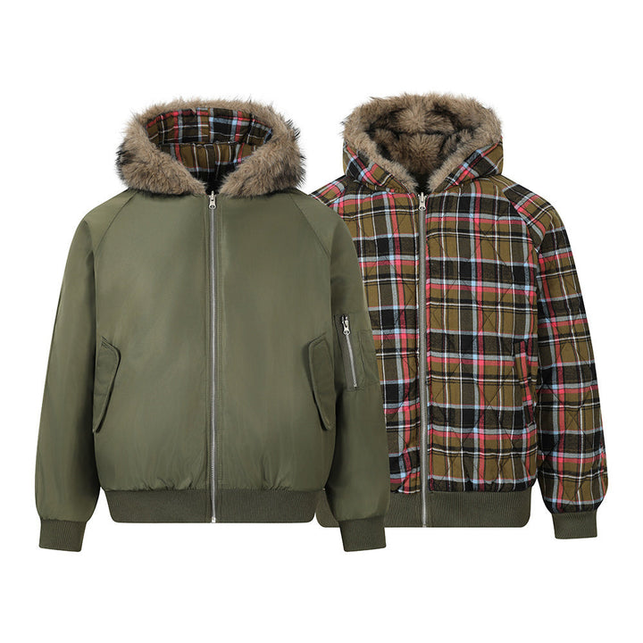 Omirad Reversible Plaid Fur Hooded Jacket