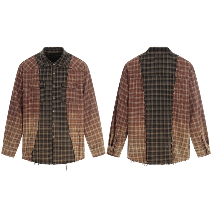 Omirad Patchwork Distressed Plaid Button-Up Shirt