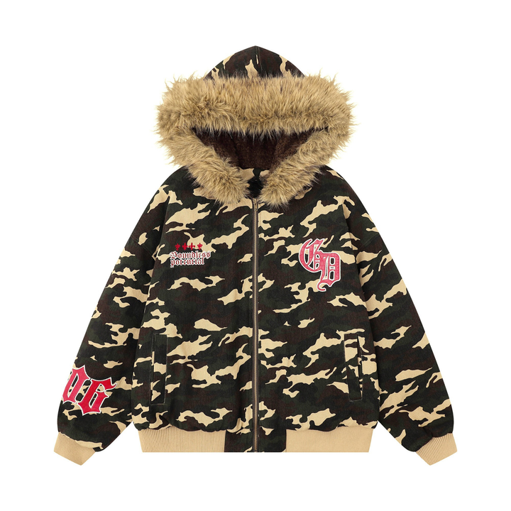 3-6-5.shop Camo Patch Fur Hoodie Jacket