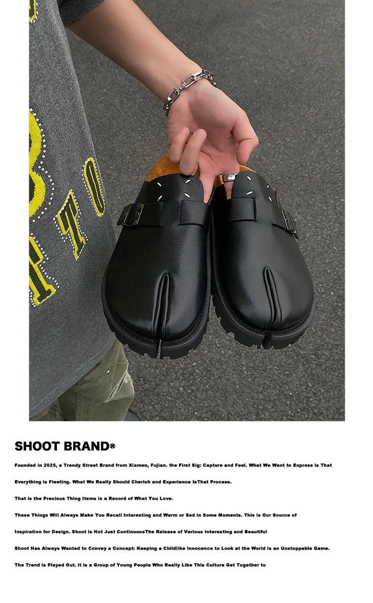 Men's Cow Leather Tabi Split-Toe Slip-On Mules with Arch Support