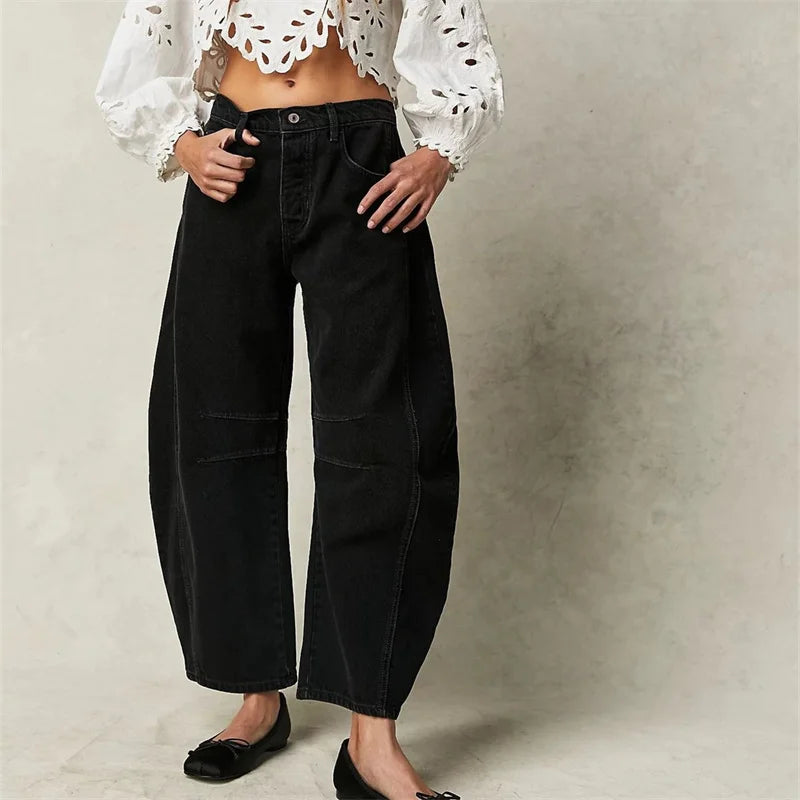 Women’s Vintage Mid-Waist Denim Jeans – Knee Splice Straight Fit