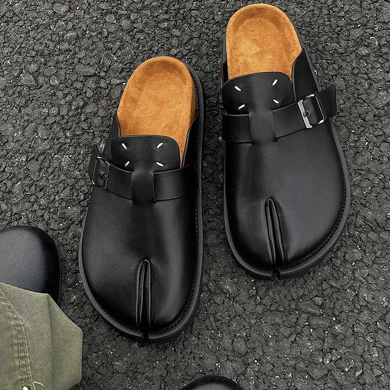 Men's Cow Leather Tabi Split-Toe Slip-On Mules with Arch Support