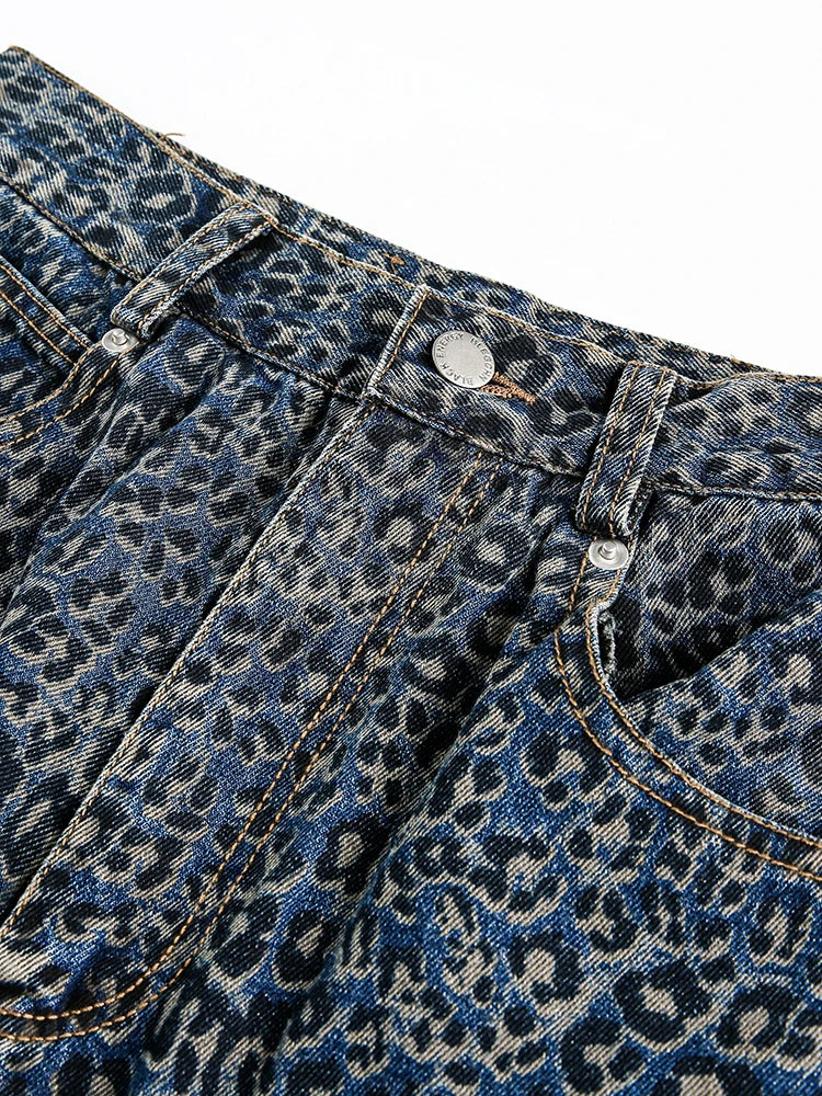 Women’s Blue Leopard Print Wide Leg Jeans