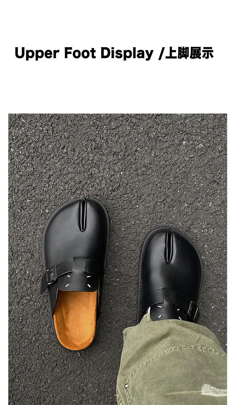 Men's Cow Leather Tabi Split-Toe Slip-On Mules with Arch Support