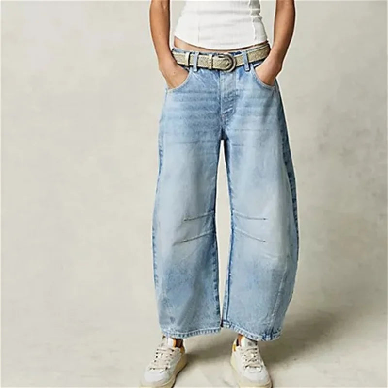 Women’s Vintage Mid-Waist Denim Jeans – Knee Splice Straight Fit