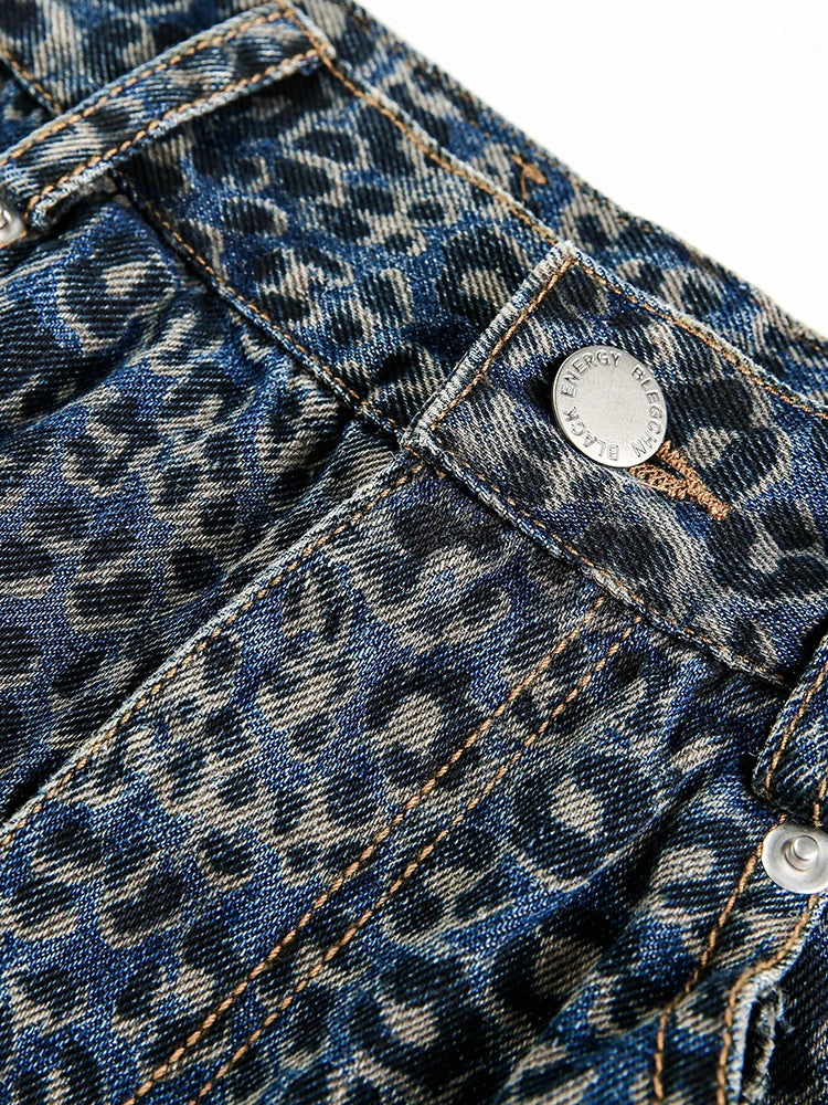 Women’s Blue Leopard Print Wide Leg Jeans