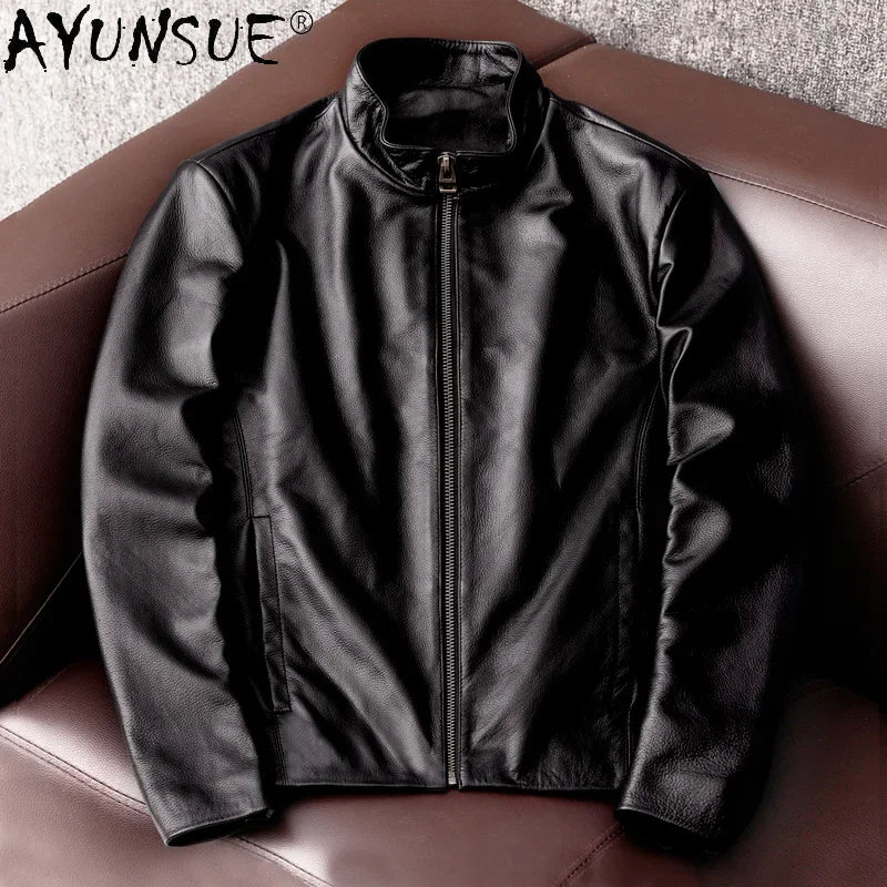 AYUNSUE Genuine Cowhide Leather Jacket for Unisex