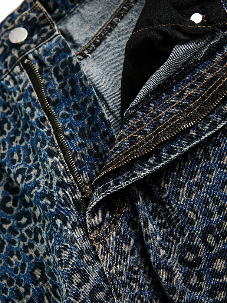 Women’s Blue Leopard Print Wide Leg Jeans