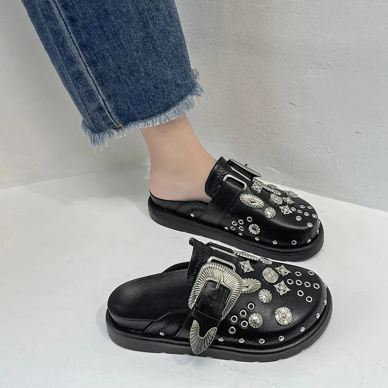 Women’s Punk Platform Leather Mules – Rivet Slip-On Slides