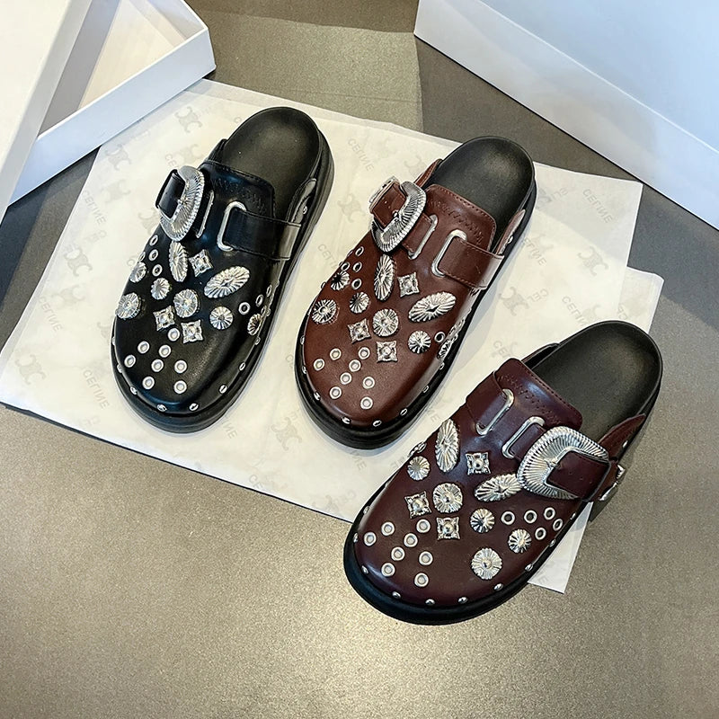 Women’s Punk Platform Leather Mules – Rivet Slip-On Slides