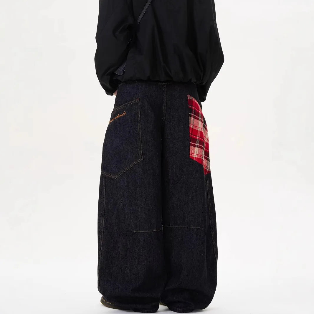 Y2K Scottish Plaid Spliced Baggy Wide-Leg Jeans – Streetwear 2024