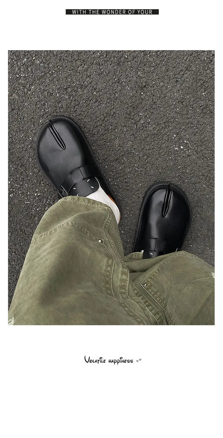 Men's Cow Leather Tabi Split-Toe Slip-On Mules with Arch Support