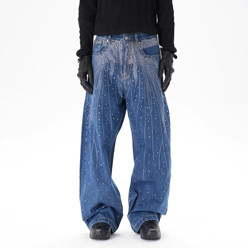 Y2K Rhinestone Arc Wide Baggy Jeans for Teens