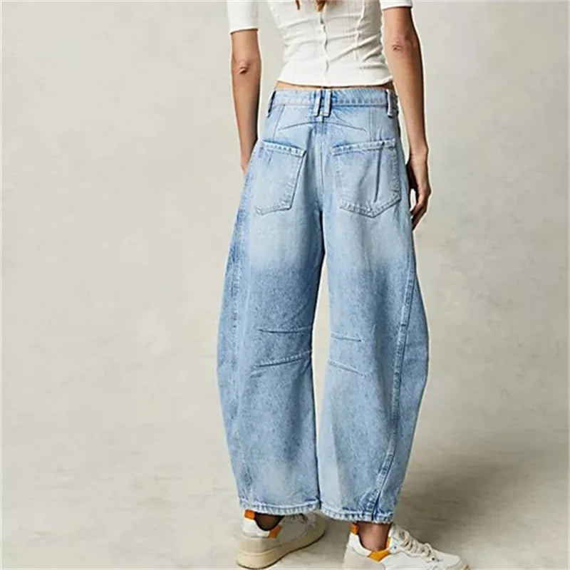 Women’s Vintage Mid-Waist Denim Jeans – Knee Splice Straight Fit