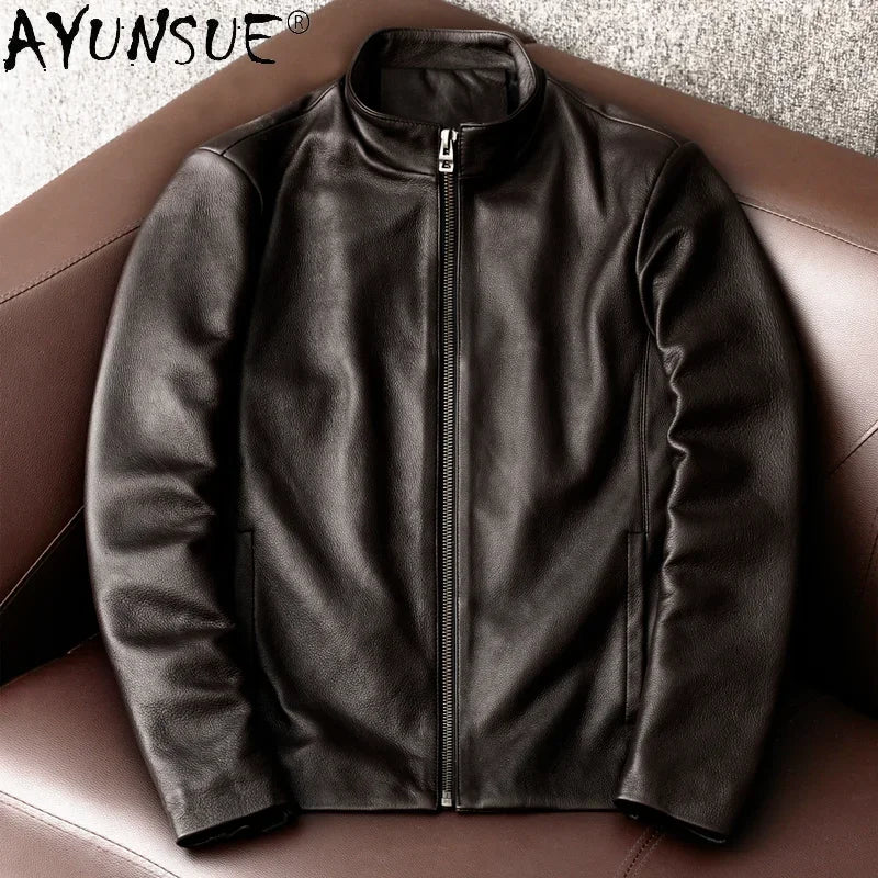 AYUNSUE Genuine Cowhide Leather Jacket for Unisex
