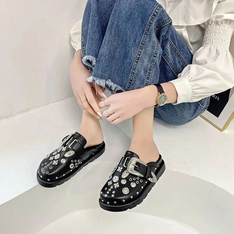 Women’s Punk Platform Leather Mules – Rivet Slip-On Slides