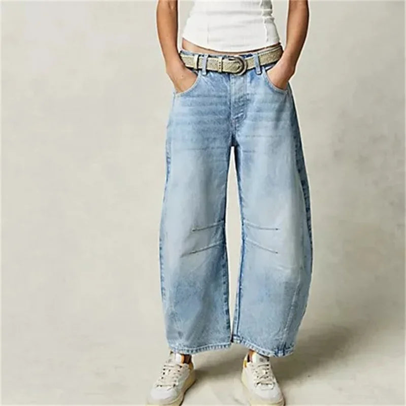 Women’s Vintage Mid-Waist Denim Jeans – Knee Splice Straight Fit