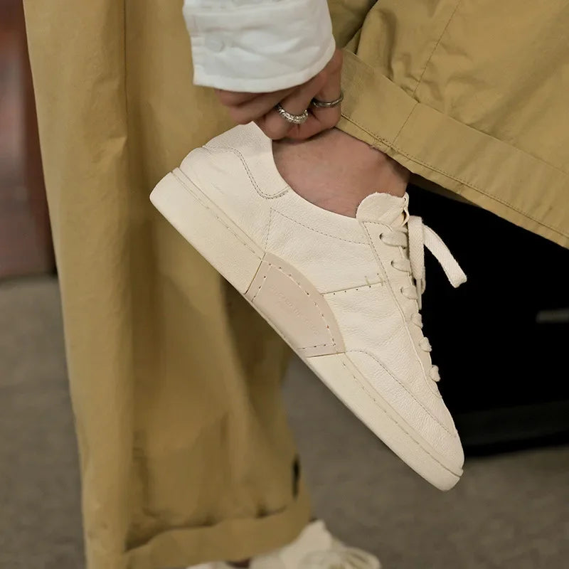 2024 Men’s Vintage White Leather Casual Low-Top Shoes – Breathable & Trendy