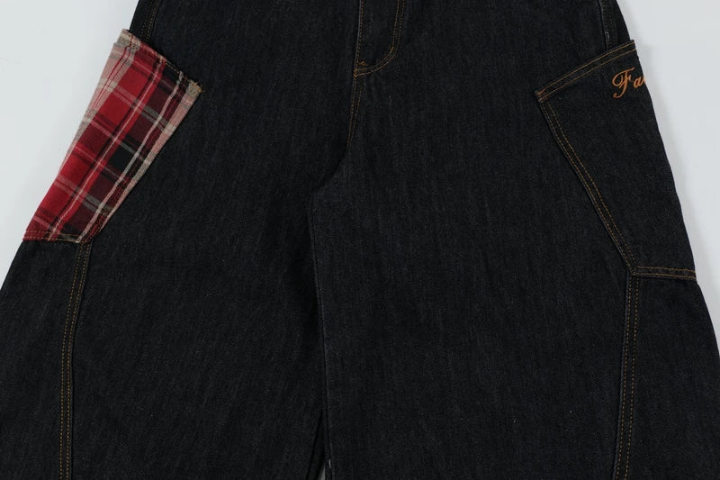 Y2K Scottish Plaid Spliced Baggy Wide-Leg Jeans – Streetwear 2024